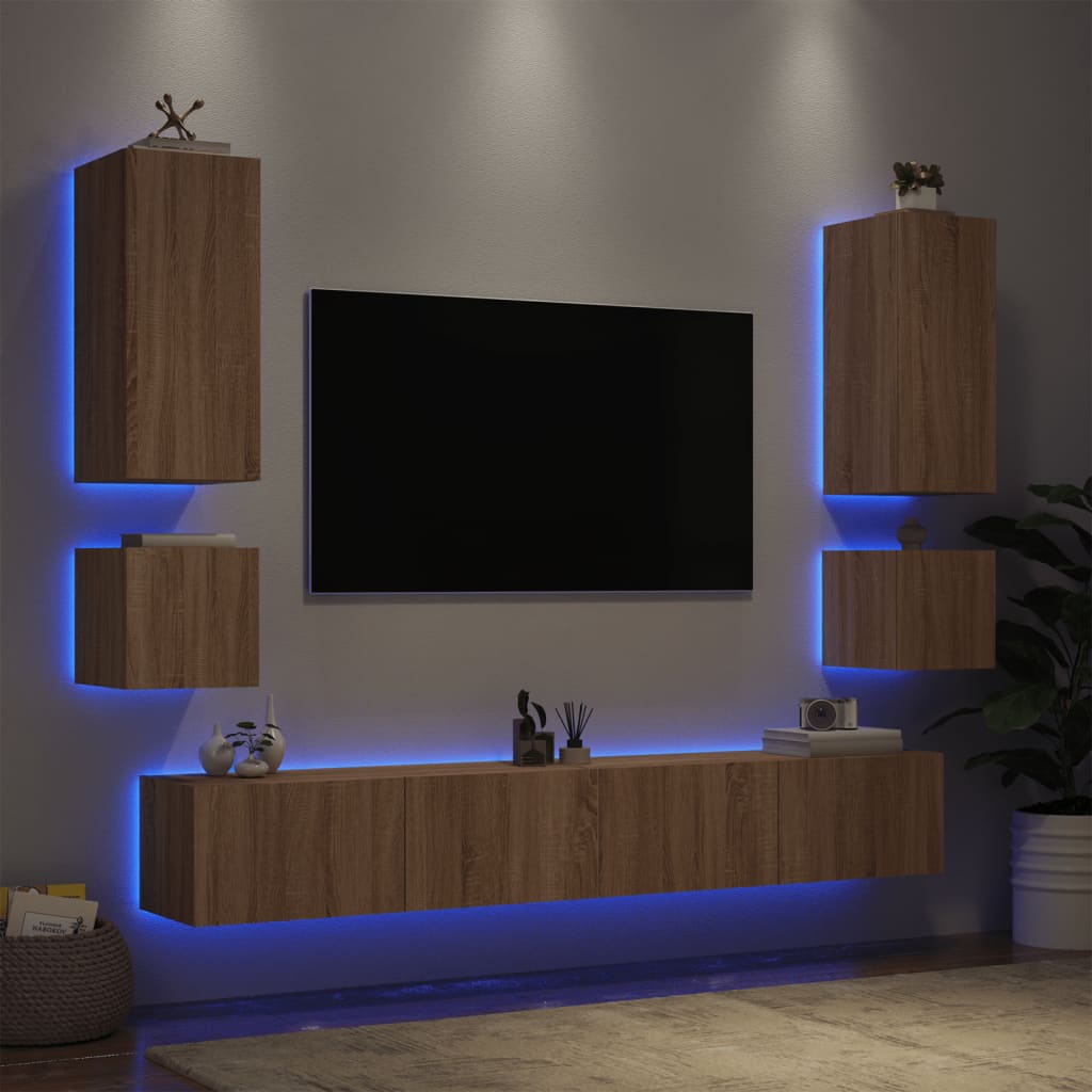vidaXL ТВ стенни шкафове, 6 части, с LED светлини, сонома дъб