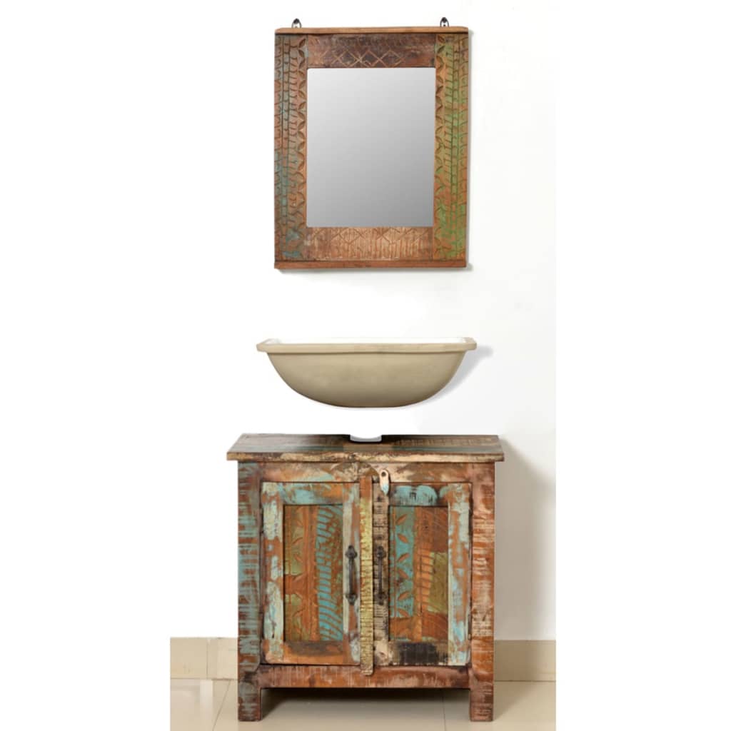 Комплект за баня от регенерирано дърво – шкаф за мивка и огледало