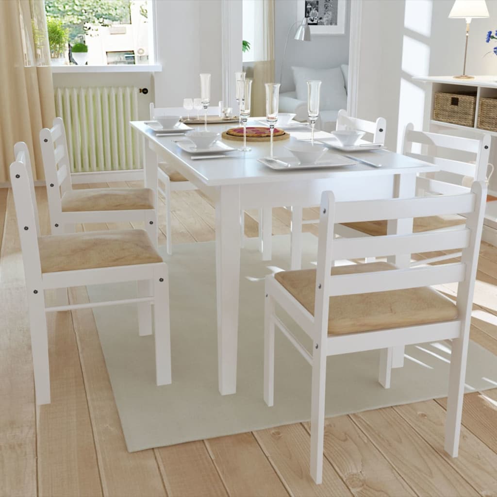 vidaXL Трапезни столове, 6 бр, бели, масивно дърво и кадифе