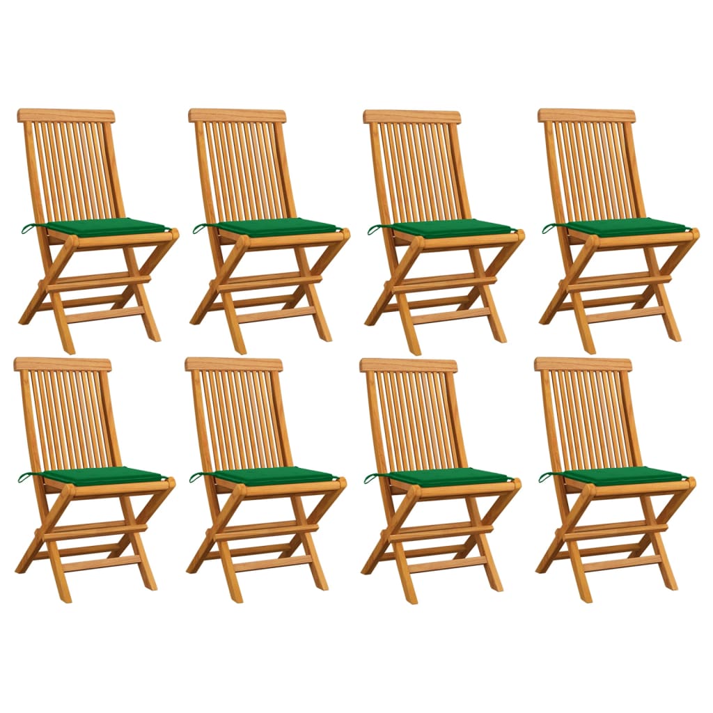 vidaXL Градински столове със зелени възглавници 8 бр тик масив