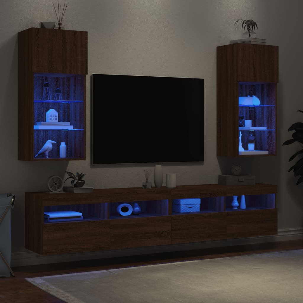 vidaXL ТВ шкафове с LED осветление, 2 бр, кафяв дъб, 40,5x30x90 см