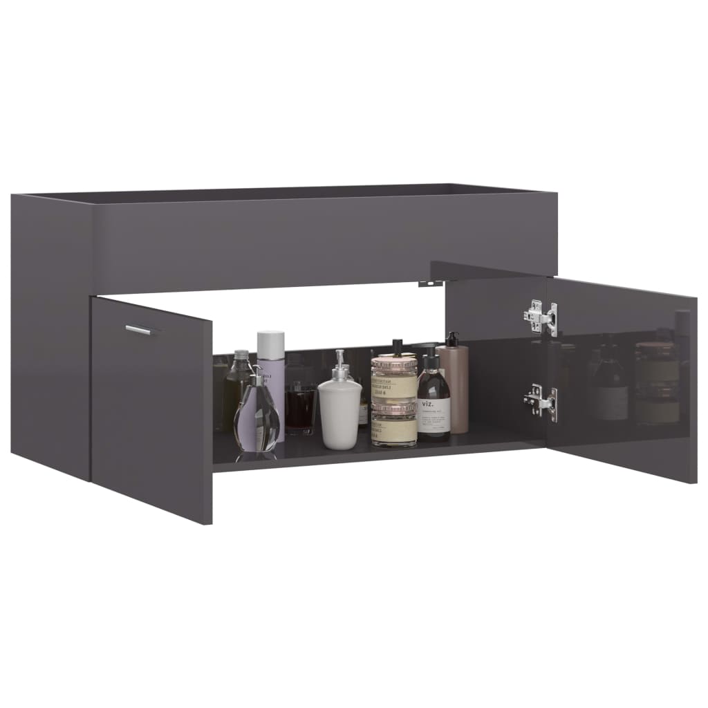 vidaXL Долен шкаф за мивка, сив гланц, 90x38,5x46 см, ПДЧ