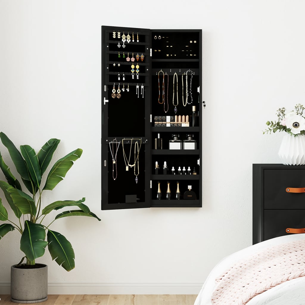 vidaXL Огледален шкаф за бижута с LED осветление, стенен монтаж, черен