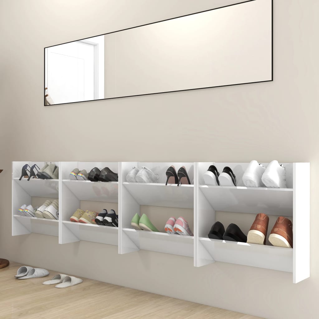 vidaXL Стенни шкафове за обувки, 4 бр, бял гланц, 60x18x60 см, ПДЧ
