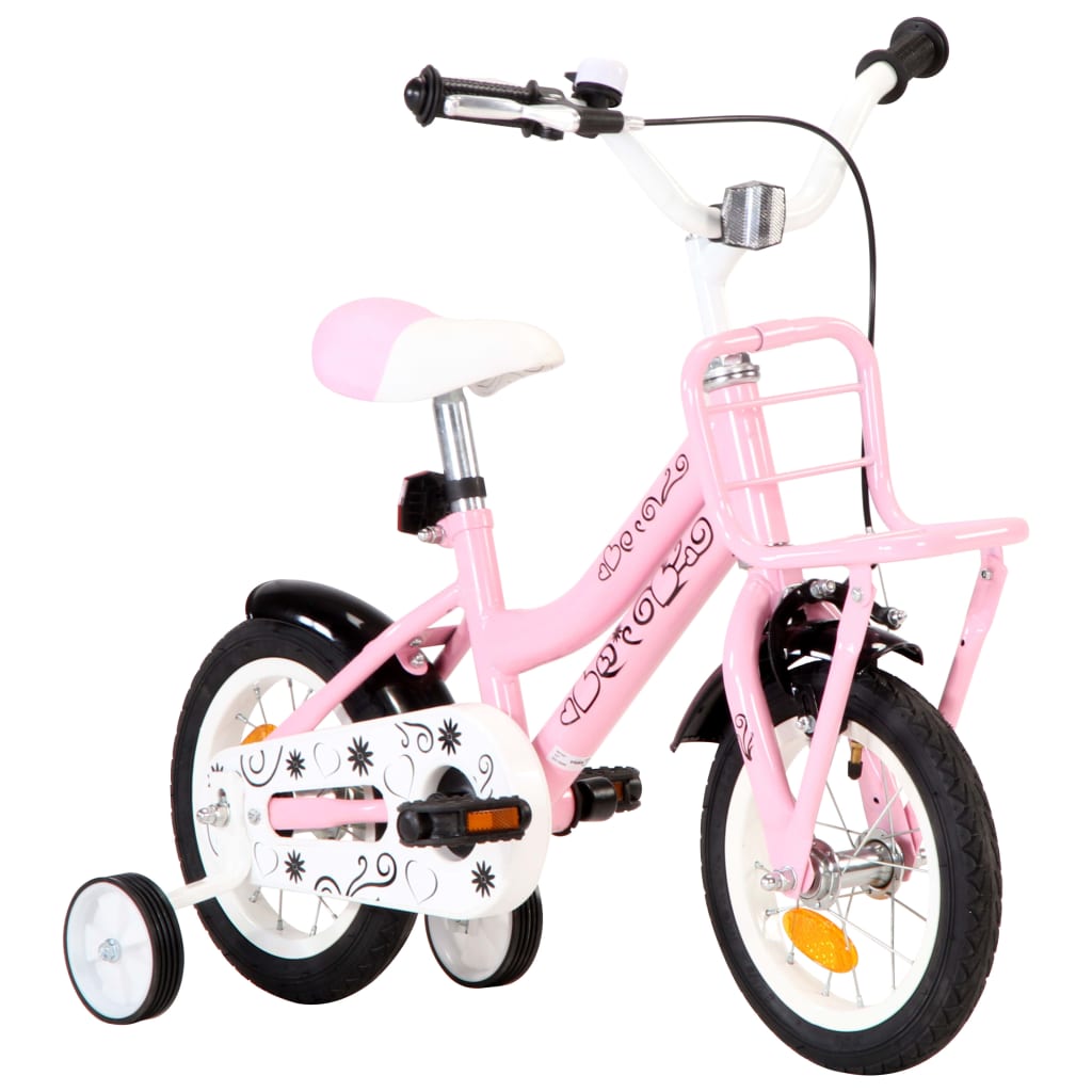 vidaXL Детски велосипед с преден багажник, 12 цола, бяло и розово