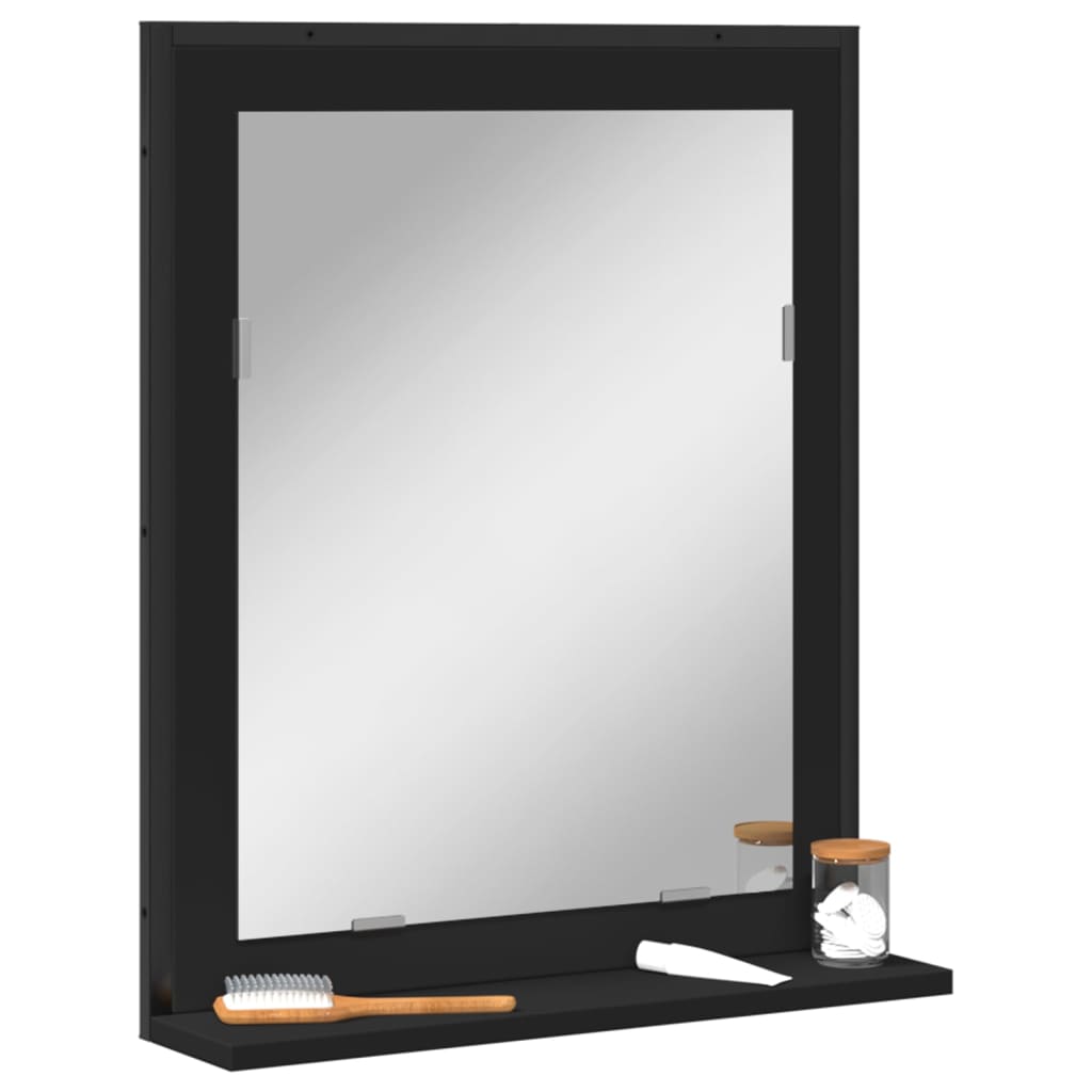 vidaXL Огледало за баня с рафт, черно, 50x12x60 см, инженерно дърво