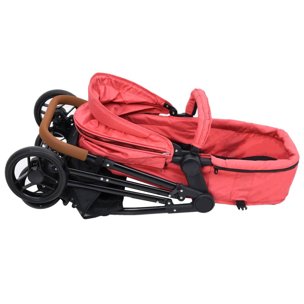 vidaXL Бебешка количка 3-в-1, червено и черно, стомана