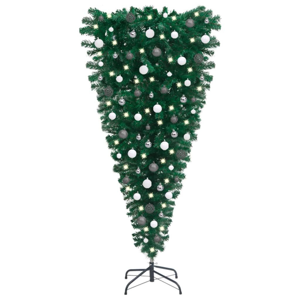 vidaXL Обърната изкуствена осветена коледна елха, с топки, 120 см