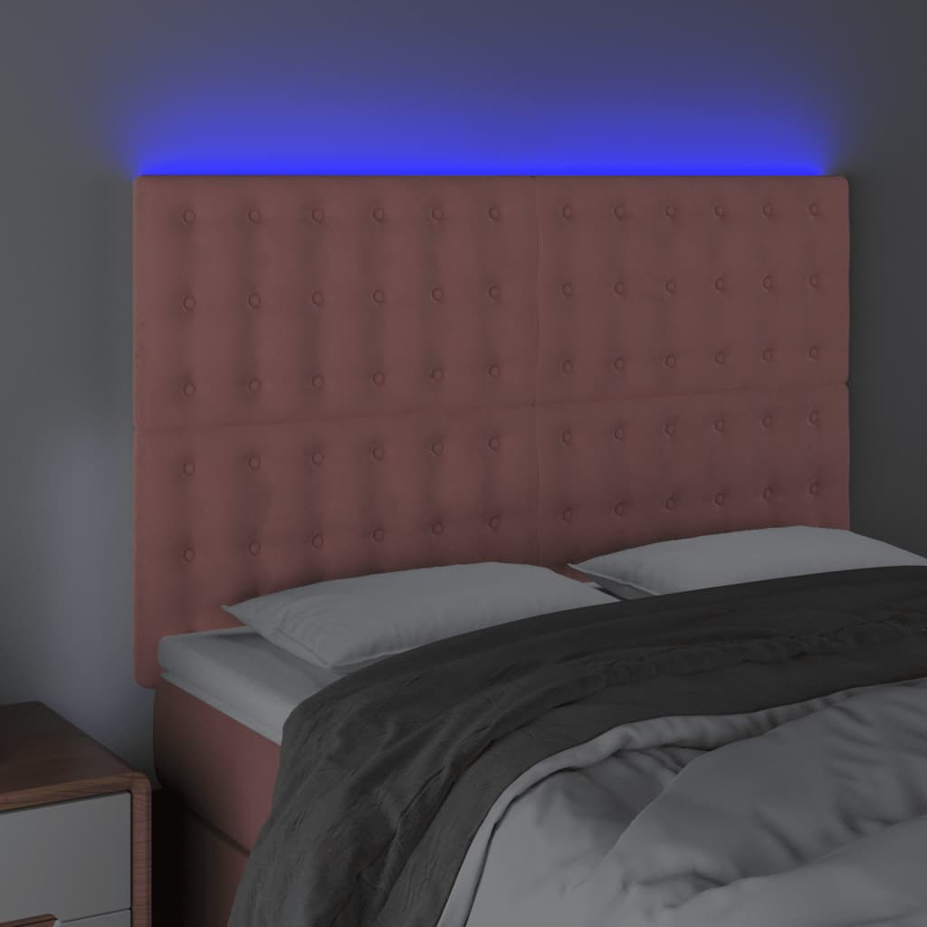 vidaXL LED горна табла за легло, розова, 144x5x118/128 см, кадифе