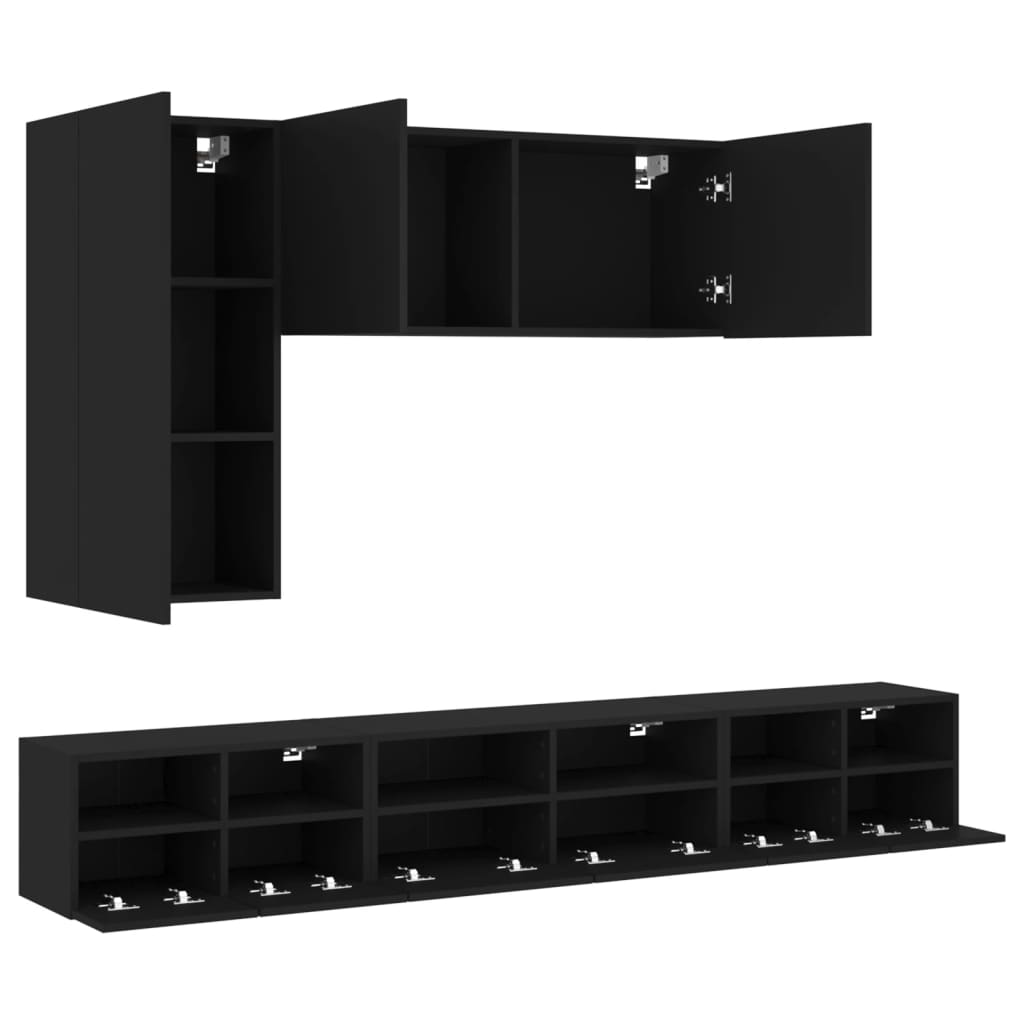 vidaXL ТВ стенни шкафове, 5 части, черни, инженерно дърво