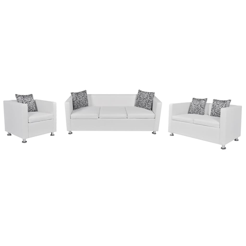 vidaXL Комплект 2 и 3-местен дивани + кресло, изкуствена кожа, бял