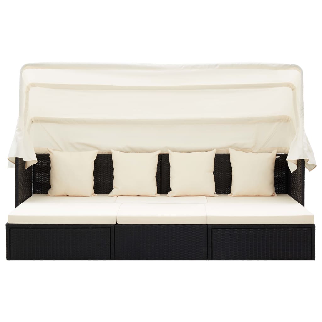 vidaXL Градинско лаундж легло със сенник черен полиратан