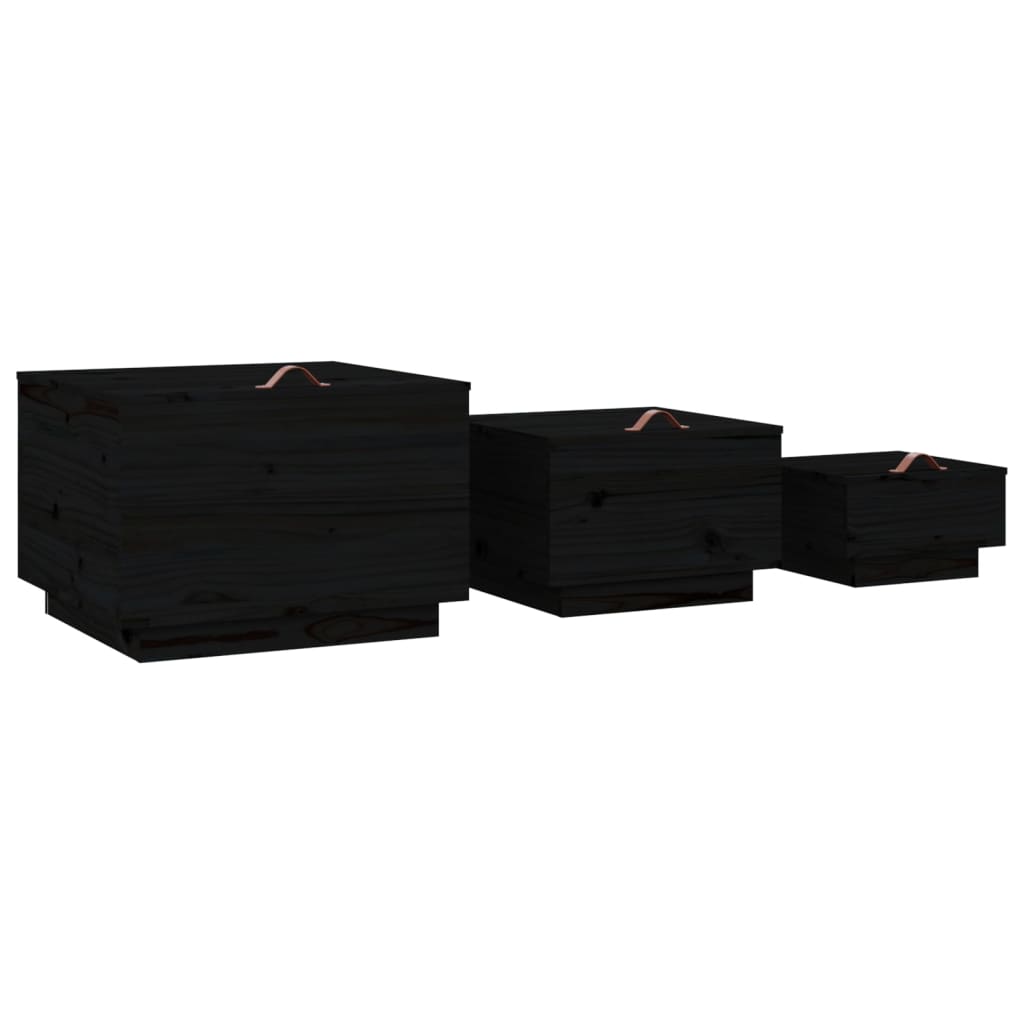 vidaXL Кутии за съхранение с капаци 3 бр черни борова дървесина масив