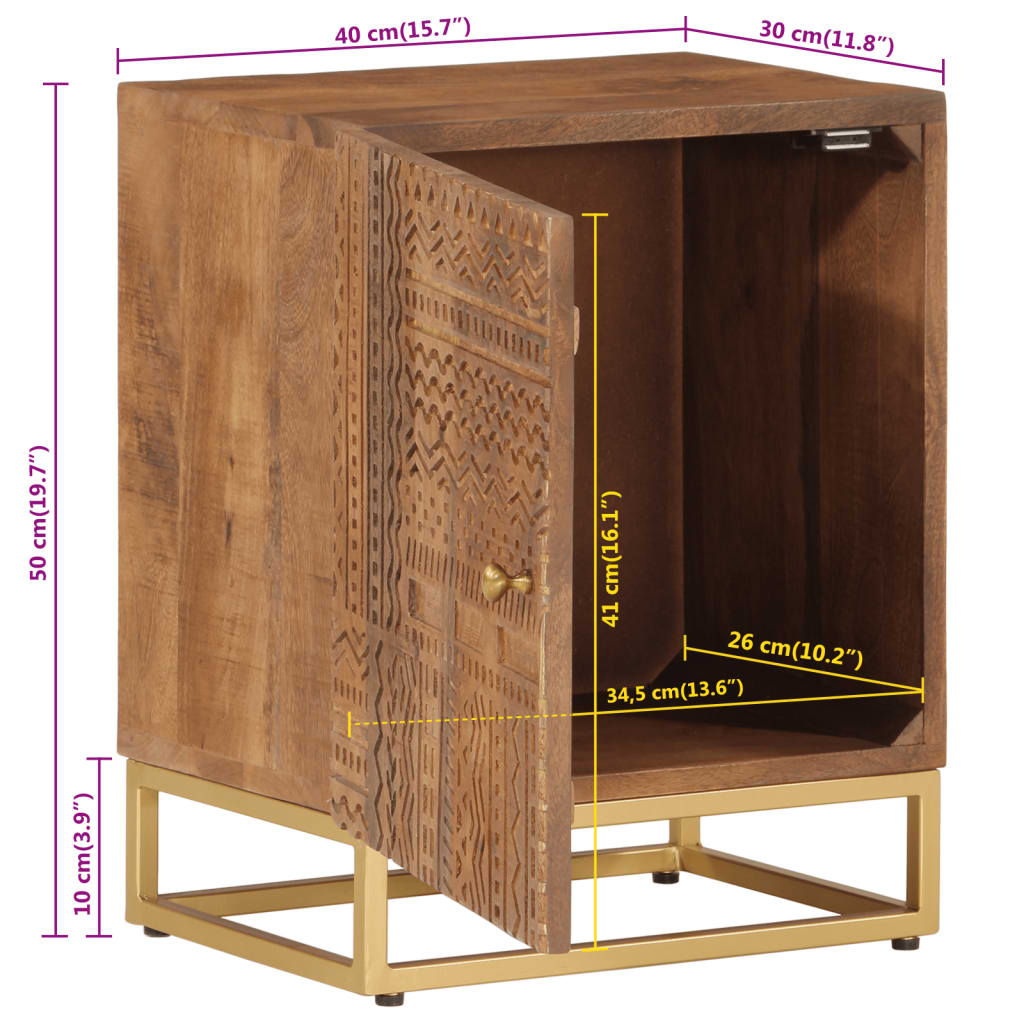 vidaXL Нощно шкафче, 40x30x50 см, мангово дърво масив и желязо