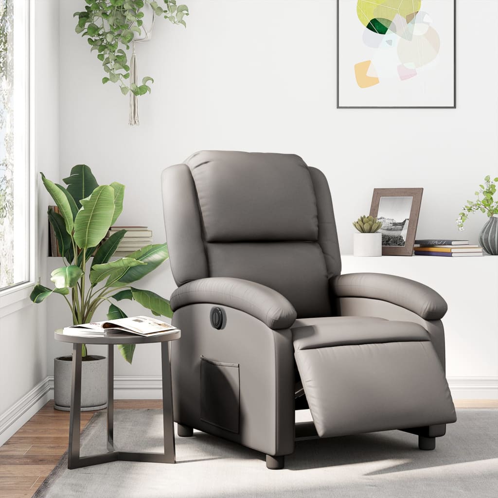 vidaXL Електрически наклоняем стол, сив, естествена кожа