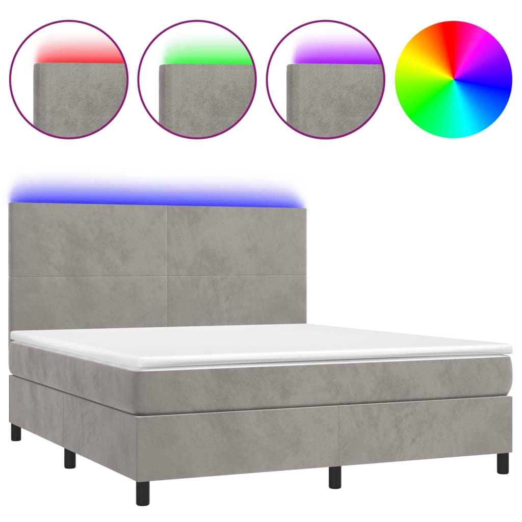 vidaXL Боксспринг легло с матрак и LED, светлосиво, 180x200 см, кадифе