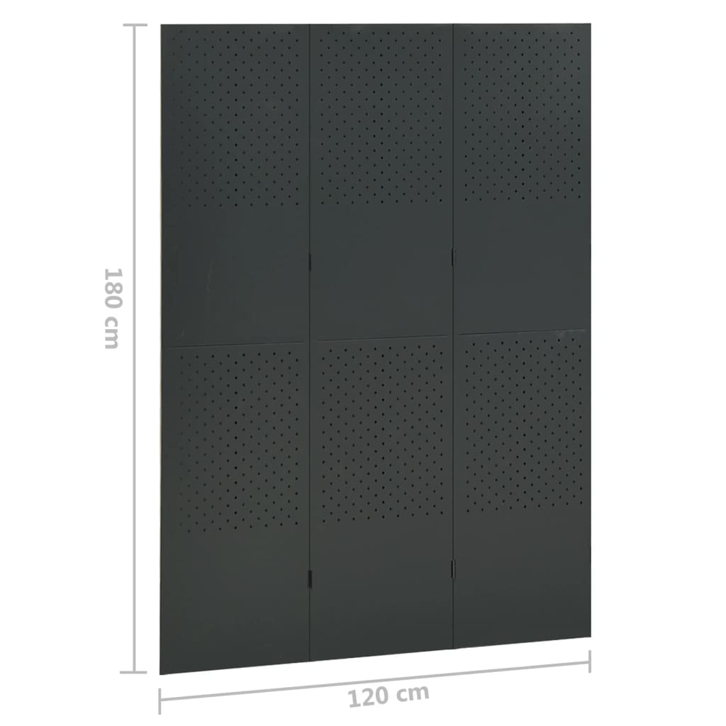 vidaXL Параван за стая, 3 панела, антрацит, 120x180 см, стомана