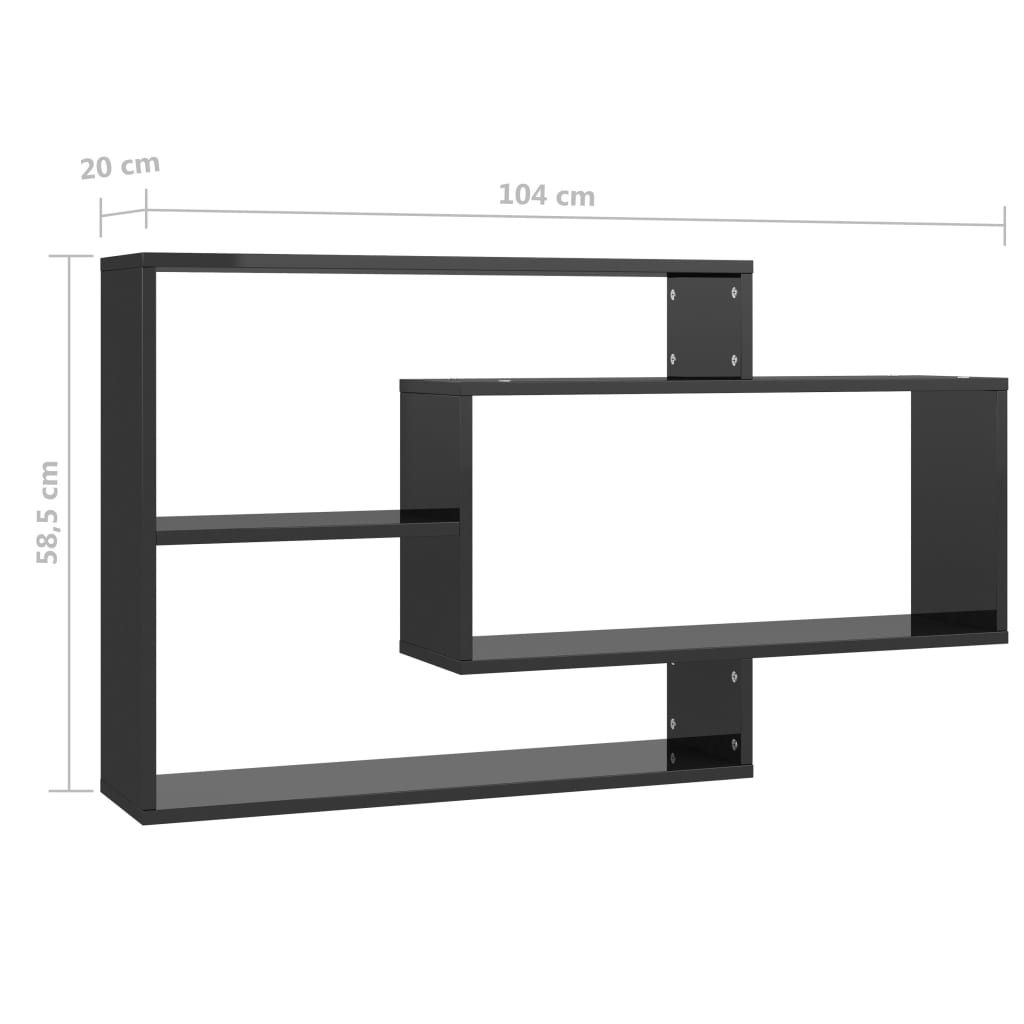 vidaXL Стенни рафтове, черен гланц, 104x20x58,5 см, ПДЧ