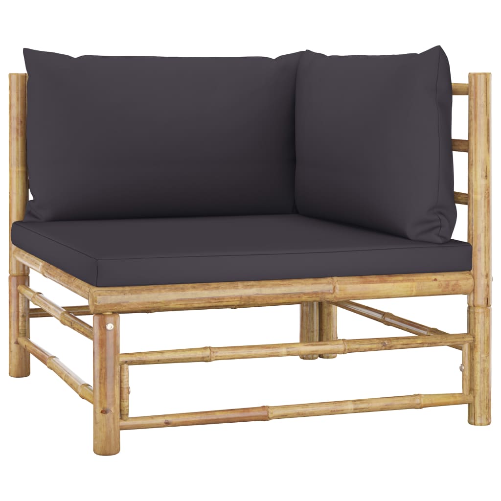 vidaXL Градински ъглов диван с тъмносиви възглавници, бамбук