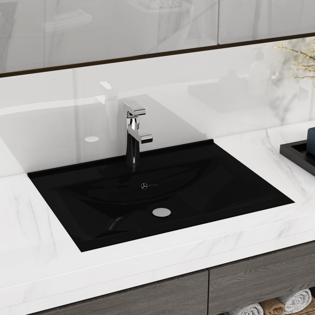 vidaXL Керамична мивка лукс правоъгълна с отвор за кран черна 60х46 см