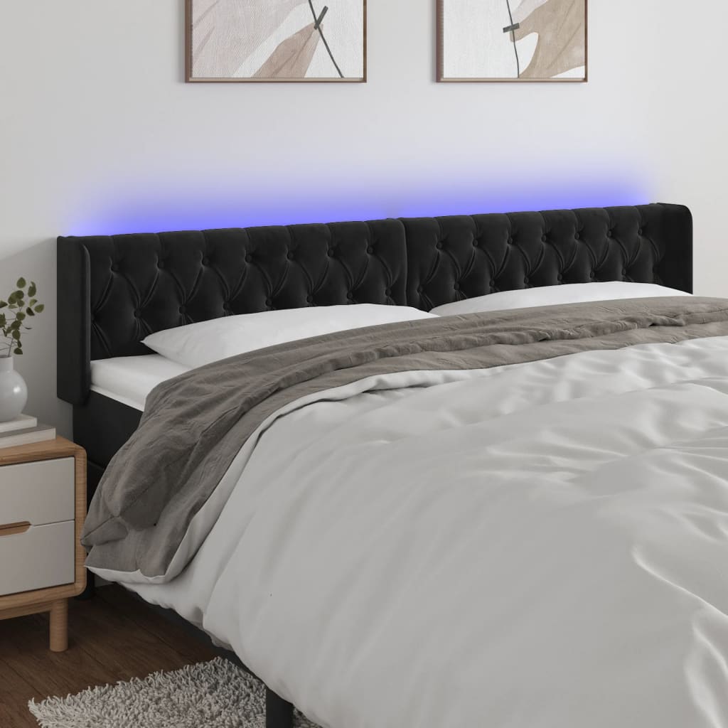 vidaXL LED горна табла за легло, черна, 203x16x78/88 см, кадифе