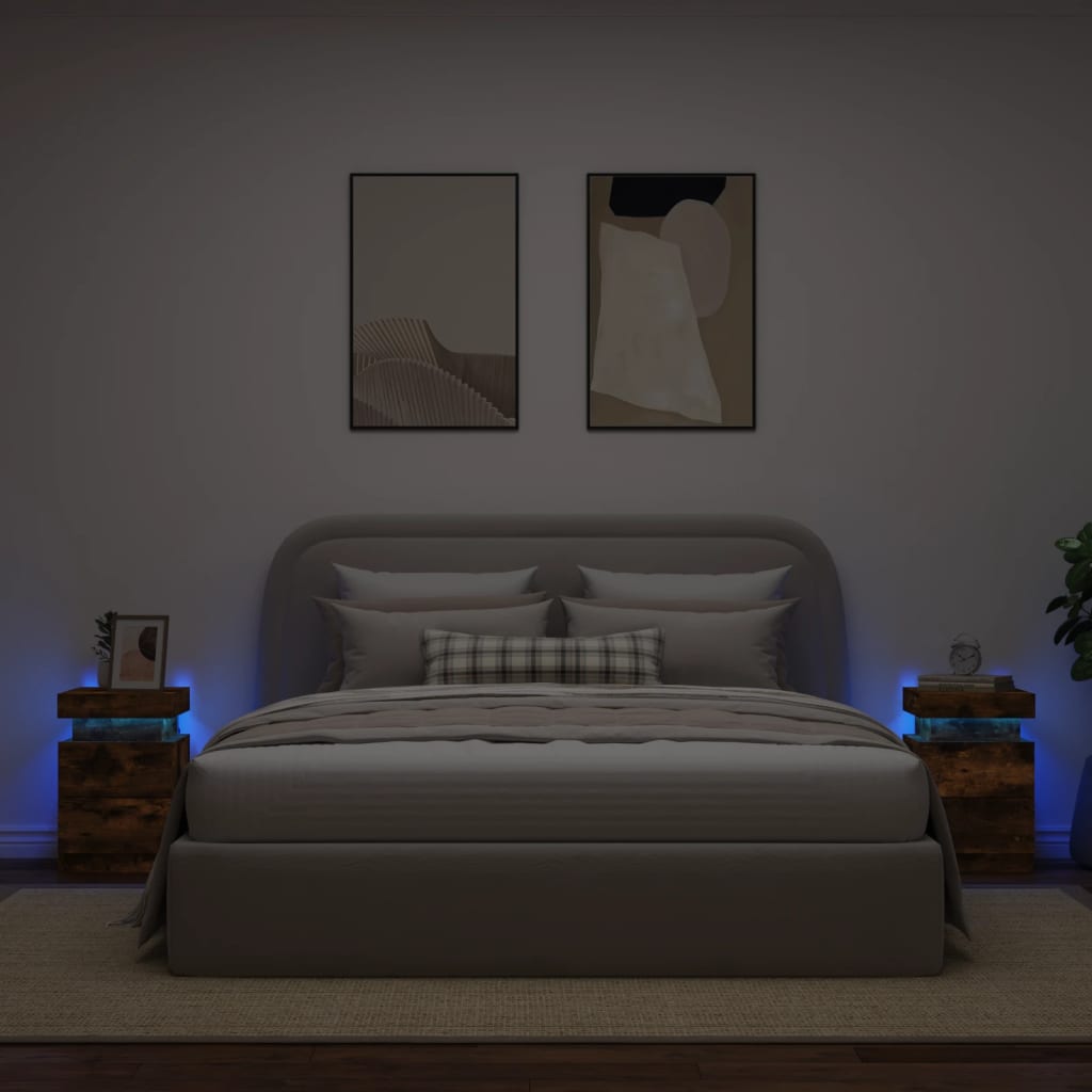vidaXL Нощни шкафчета с LED осветление, 2 бр, опушен дъб, 35x39x55 см
