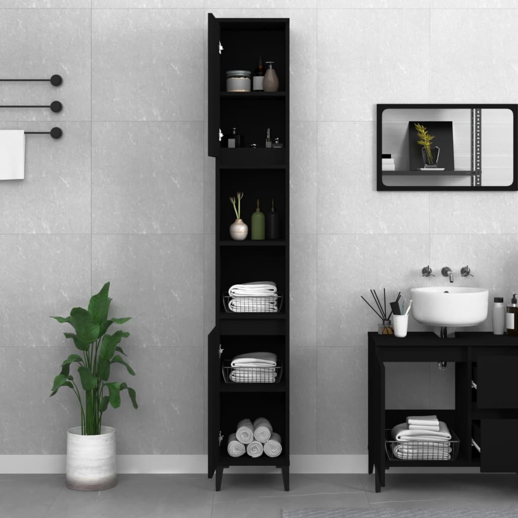 vidaXL Шкаф за баня, черен, 30x30x190 см, инженерно дърво
