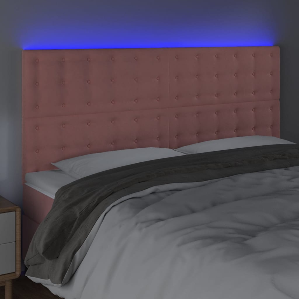 vidaXL LED горна табла за легло, розова, 200x5x118/128 см, кадифе