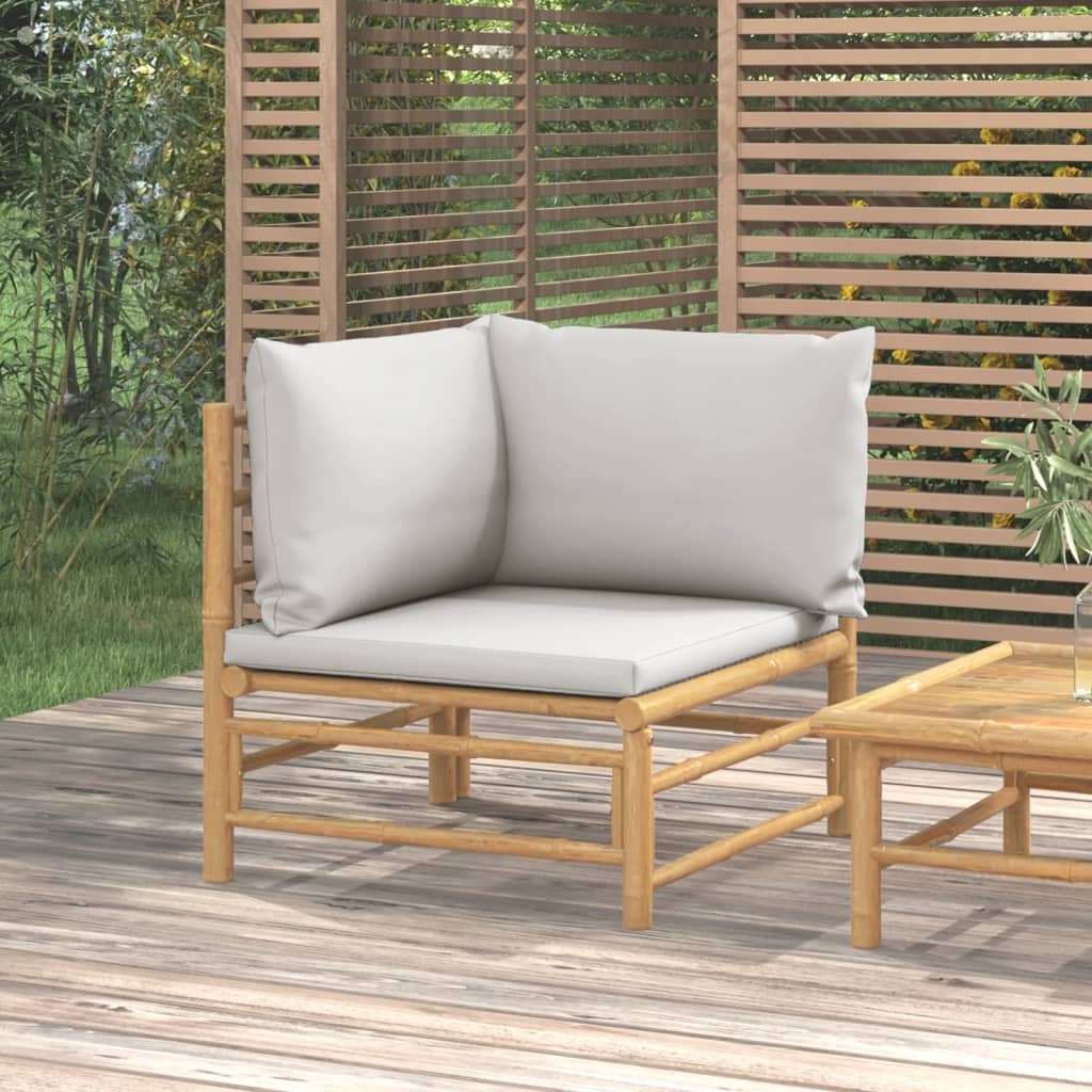 vidaXL Градински ъглов диван със светлосиви възглавници бамбук