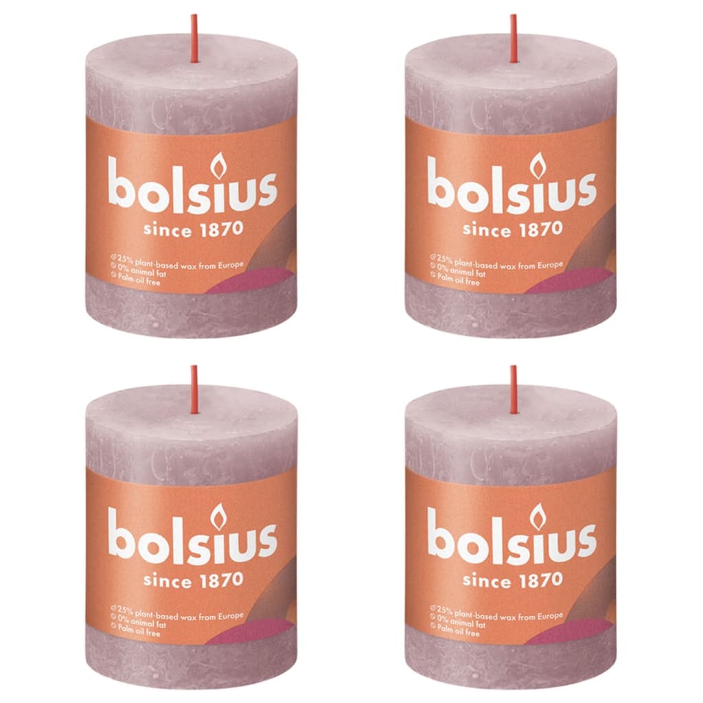 Bolsius Рустик колонни свещи Shine, 4 бр, 80x68 мм, пепел от рози