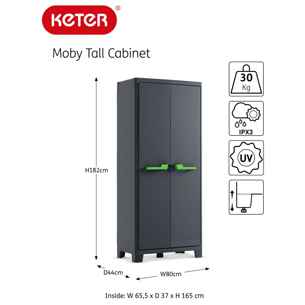 Keter Шкаф за съхранение с рафтове Moby, графитено сив, 182 см
