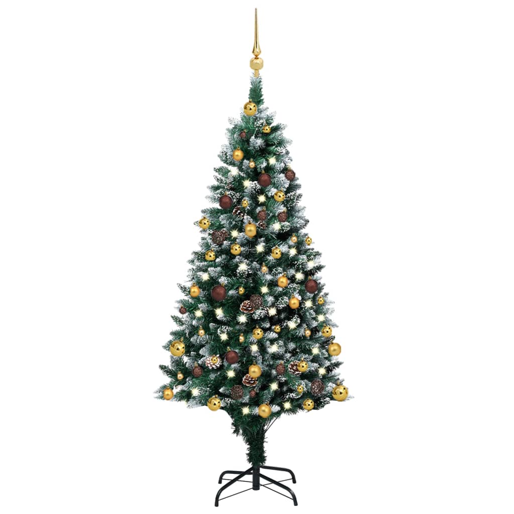 vidaXL Изкуствена осветена коледна елха с топки и шишарки 150 см