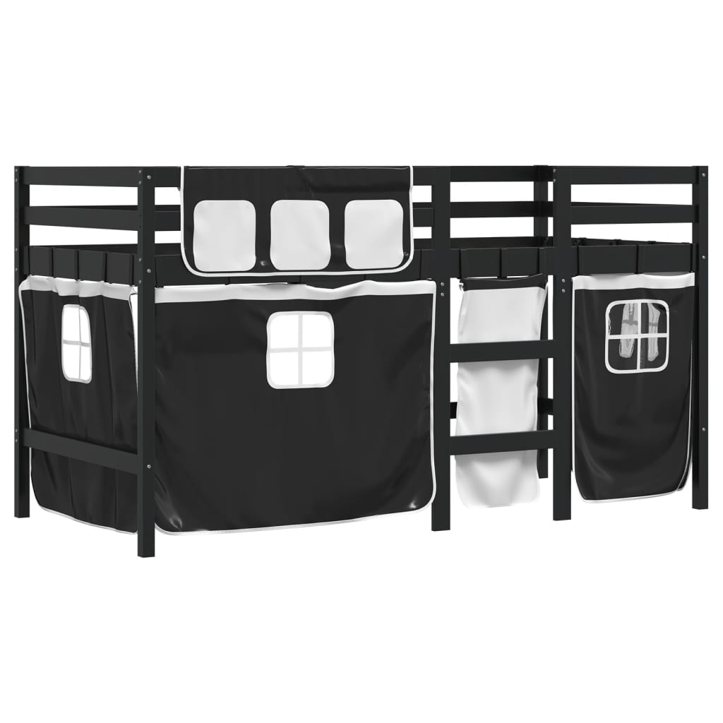 vidaXL Детско високо легло със завеси бяло и черно 90x190 см бор масив