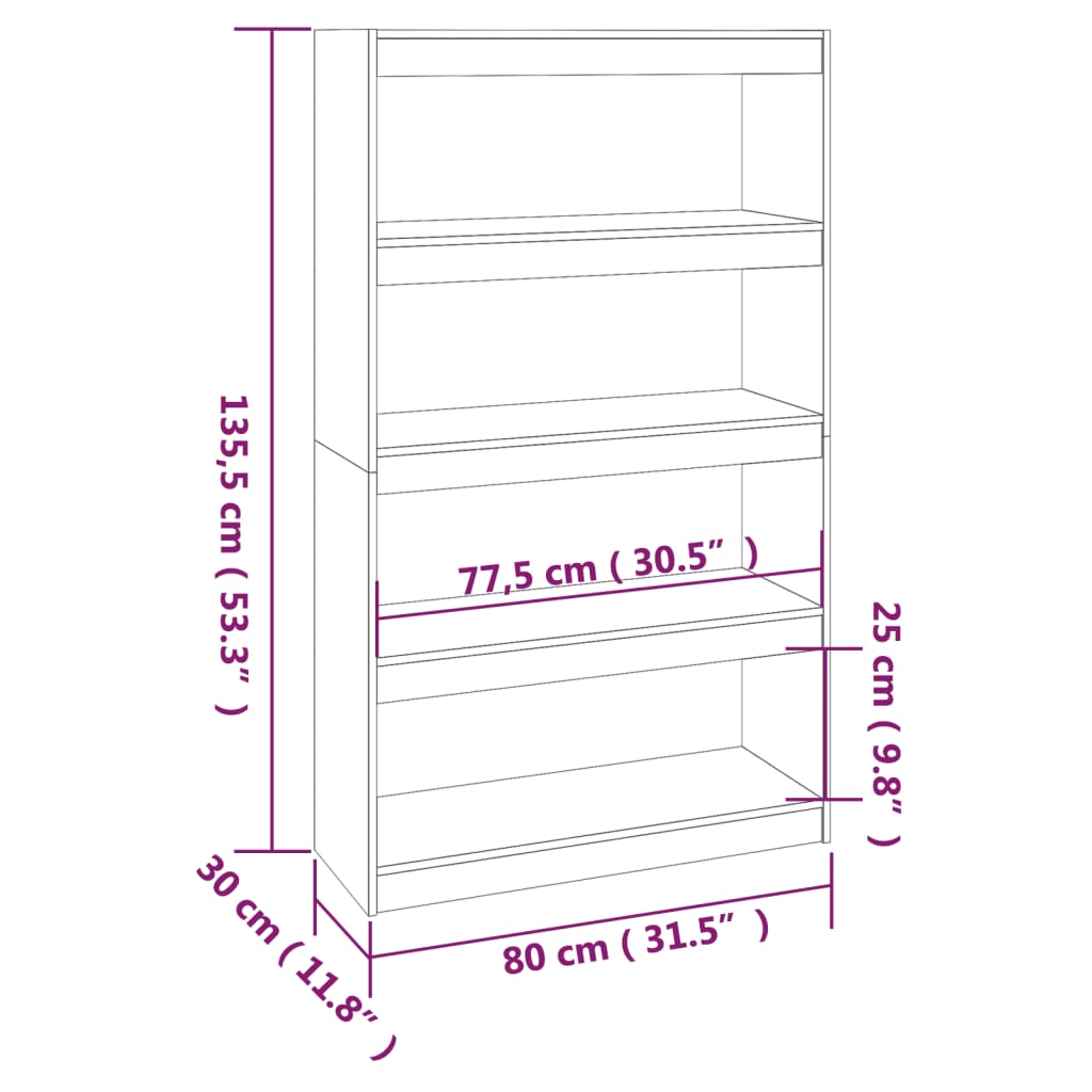 vidaXL Библиотека/разделител за стая, сива, 80x30x135,5 см, бор масив