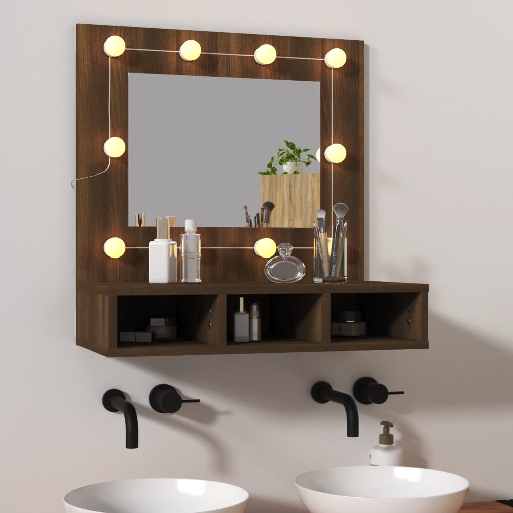 vidaXL Огледален шкаф с LED, кафяв дъб, 60x31,5x62 см