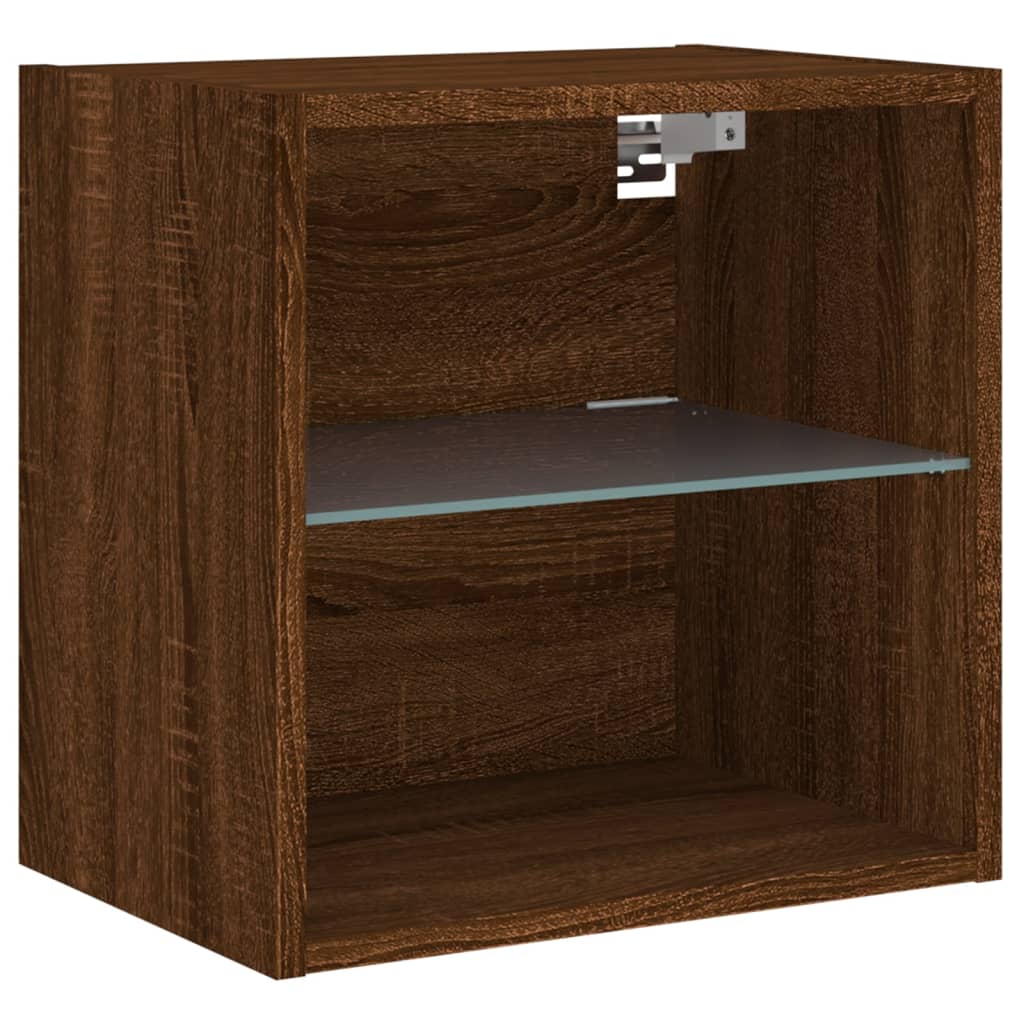 vidaXL Нощно шкафче с LED осветление, кафяв дъб, за стенен монтаж