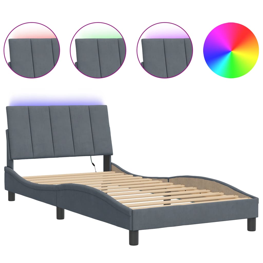 vidaXL Рамка за легло с LED осветление, тъмносива, 100x200 см, кадифе