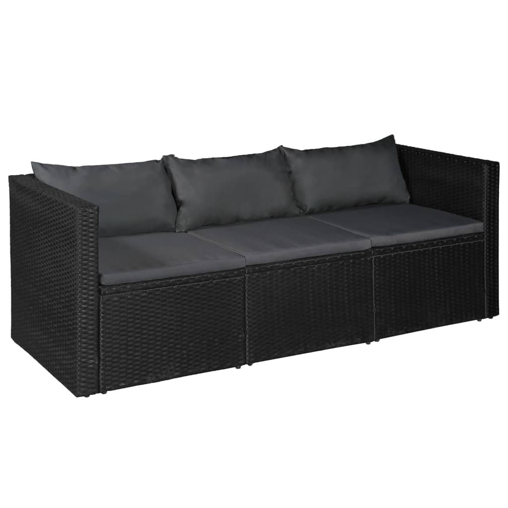 vidaXL 3-местен градински диван, черен, полиратан, сиви възглавници