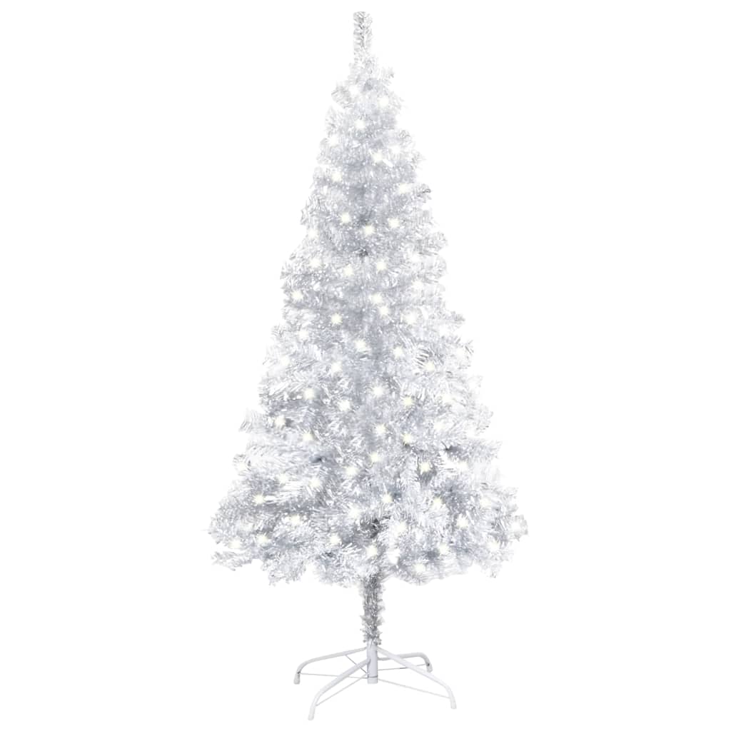 vidaXL Изкуствена осветена коледна елха със стойка сребрист 120 см PET