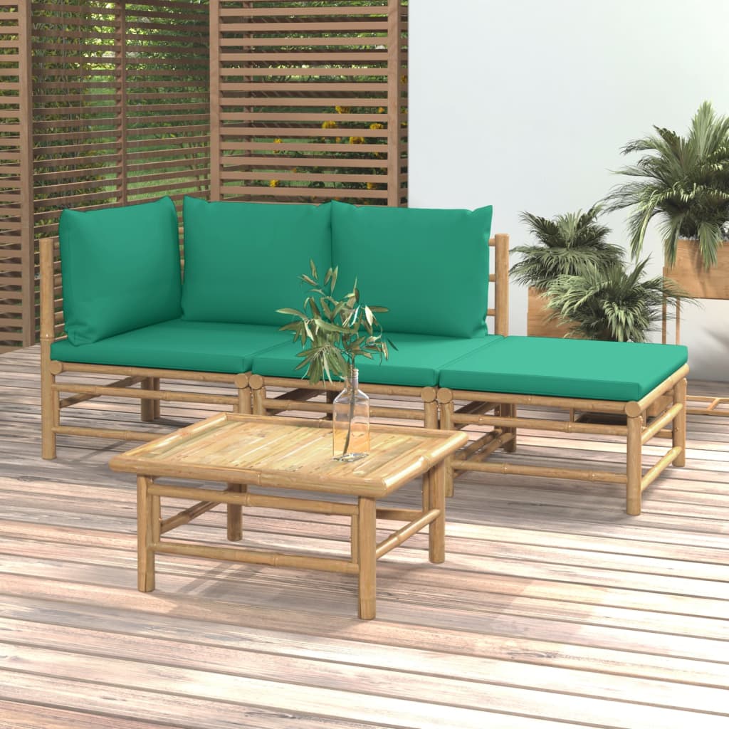 vidaXL Градински лаундж комплект със зелени възглавници 4 части бамбук
