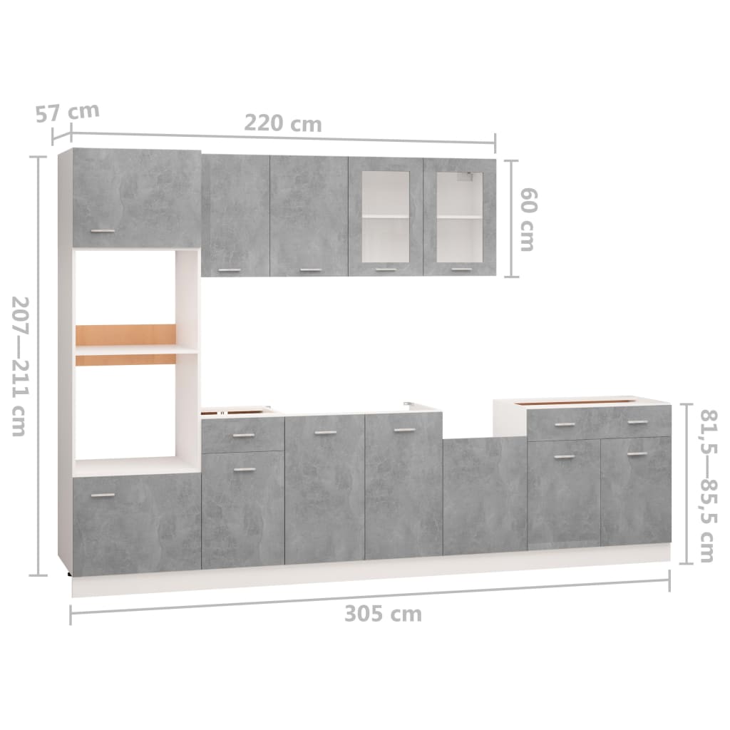 vidaXL Комплект кухненски шкафове от 7 части, бетонно сив, ПДЧ