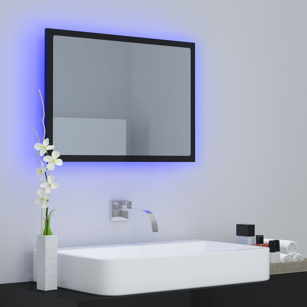 vidaXL LED огледало за баня, черен гланц, 60x8,5x37 см, акрил