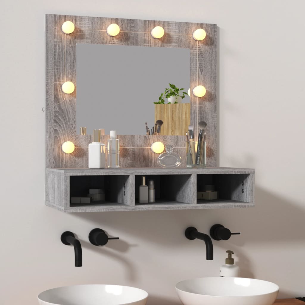 vidaXL Огледален шкаф с LED, Сив сонома, 60x31,5x62 см