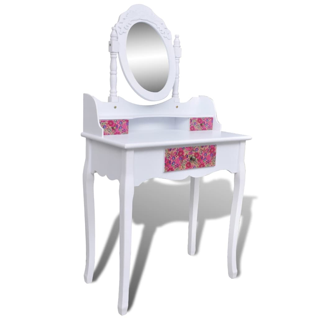 vidaXL Тоалетка с огледало и табуретка с флорални мотиви