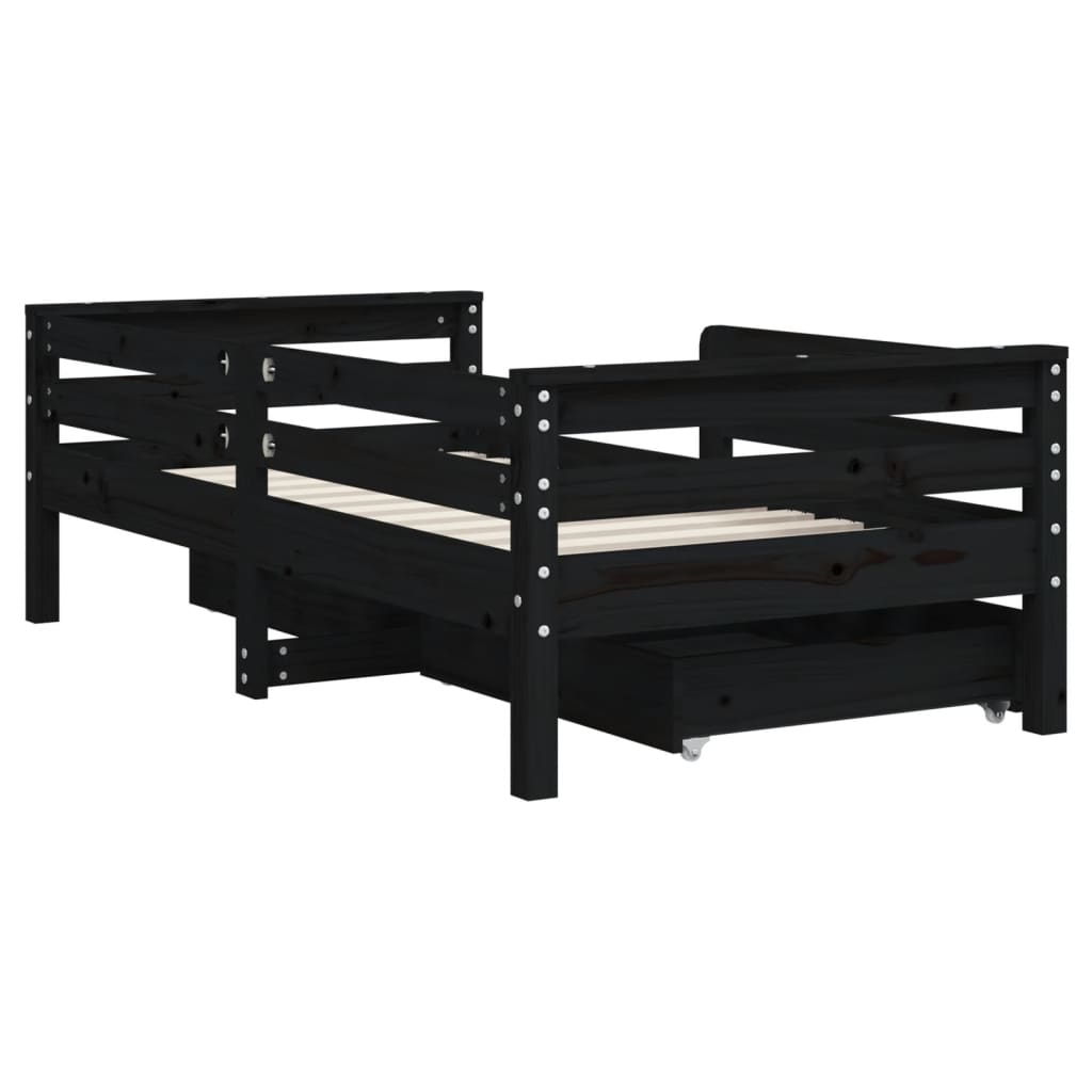 vidaXL Рамка за детско легло с чекмеджета, черна, 70x140 см, бор масив