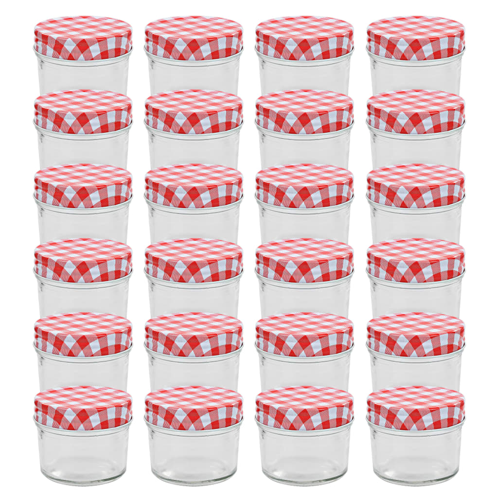 vidaXL Стъклени буркани за сладко с бяло-червени капачки 24 бр 110 мл
