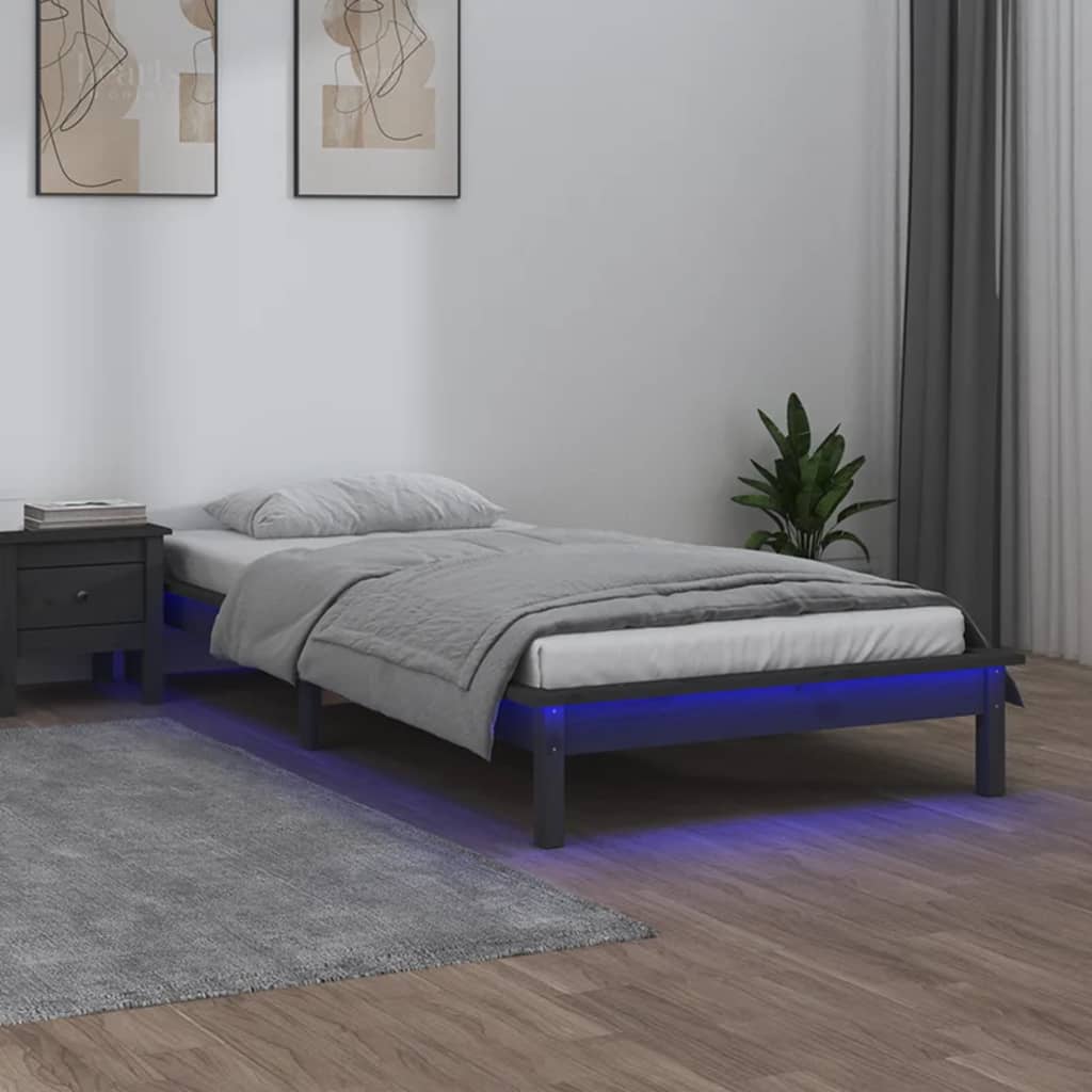 vidaXL Рамка за легло с LED осветление сива 90x200 см масивно дърво