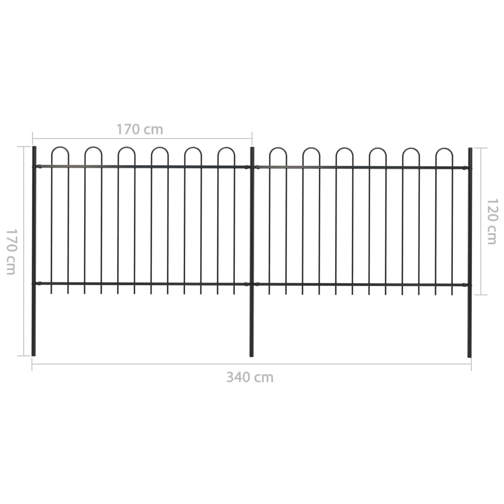 vidaXL Градинска ограда с извити върхове, стомана, 3,4x1,2 м, черна
