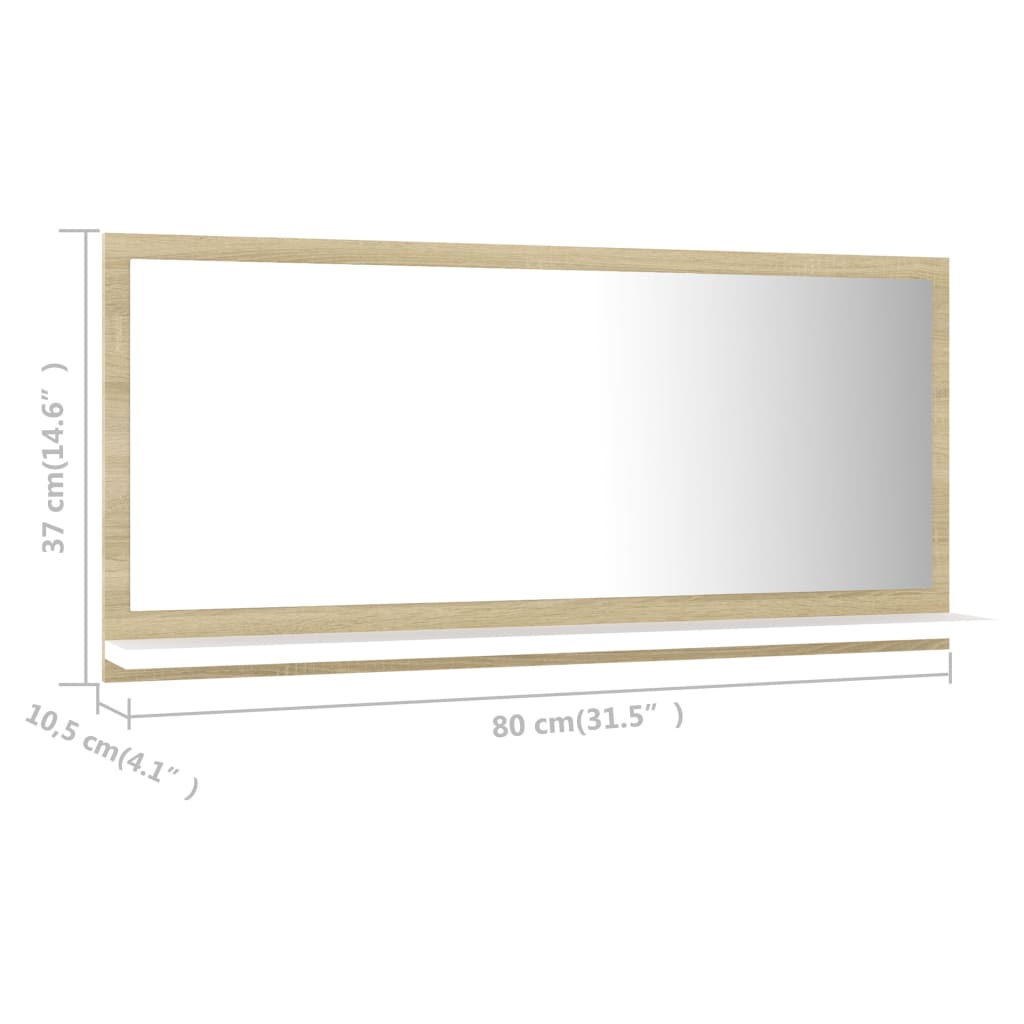 vidaXL Огледало за баня, бяло и дъб сонома, 80x10,5x37 см, ПДЧ