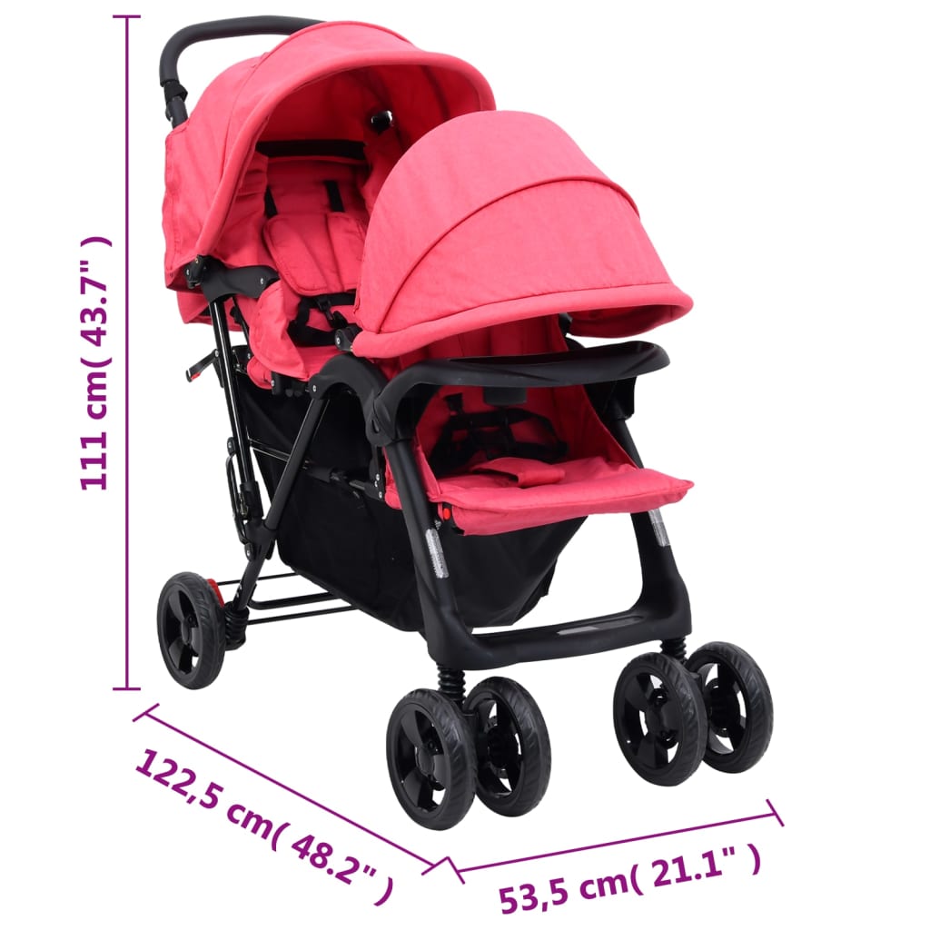 vidaXL Тандемна количка за близнаци, червена, стомана